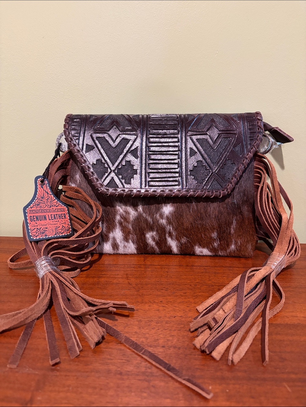 Genuine Leather Brown Tooled Fringe Crossbody Bag